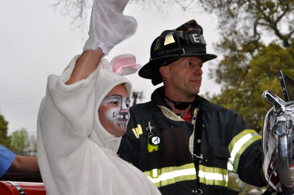 Easter bunny arrives on fire truck