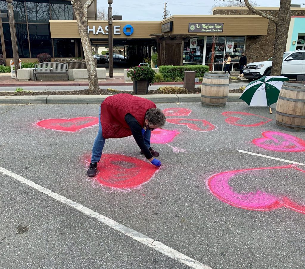 Chalk Granny brings Valentines Day cheer to Bistro Vida in downtown Menlo Park