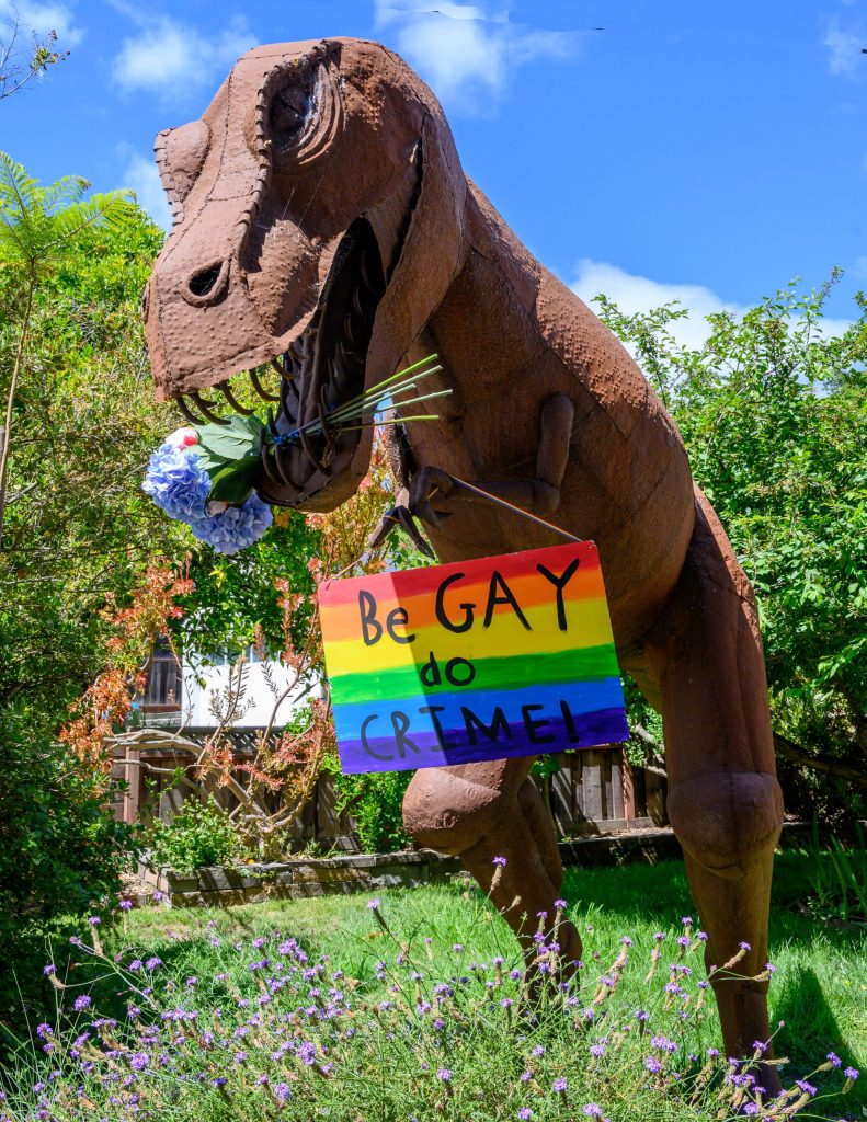 Spotted: Dinosaur on Sharon Road decked out for Pride Month