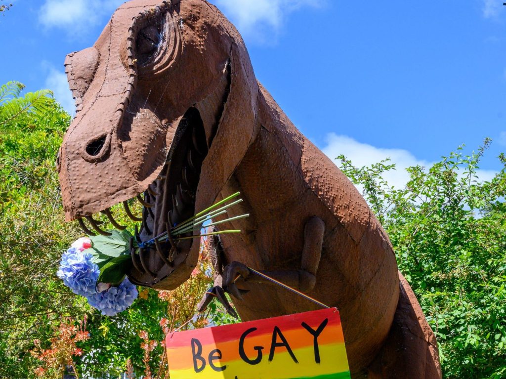 Spotted: Dinosaur on Sharon Road decked out for Pride Month
