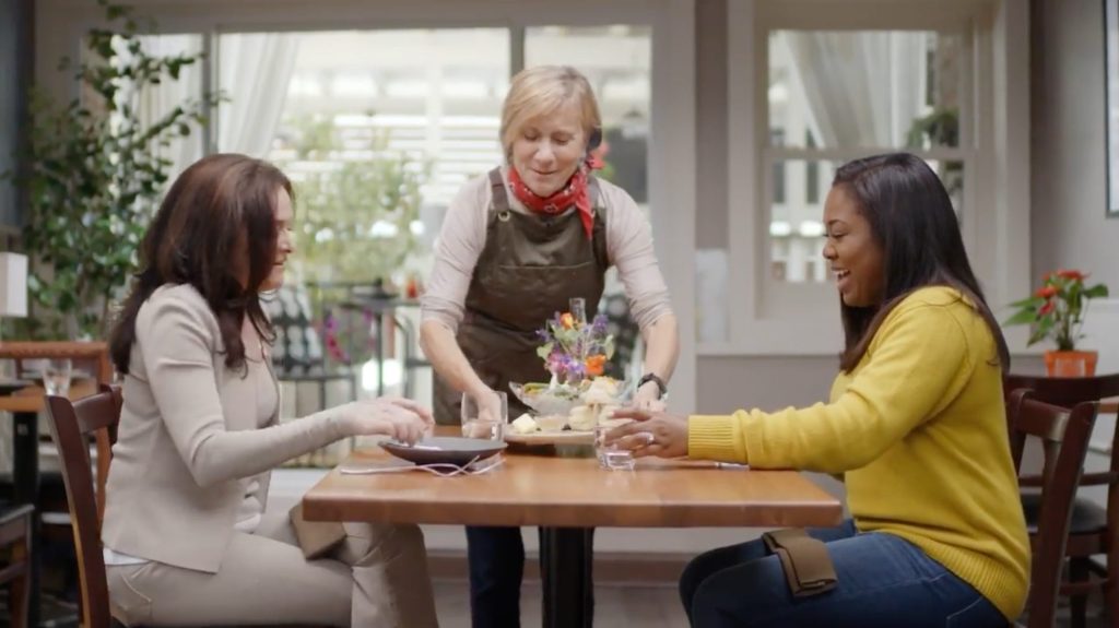 Sheryl Sandberg visits with Jesse Cool at Flea Street