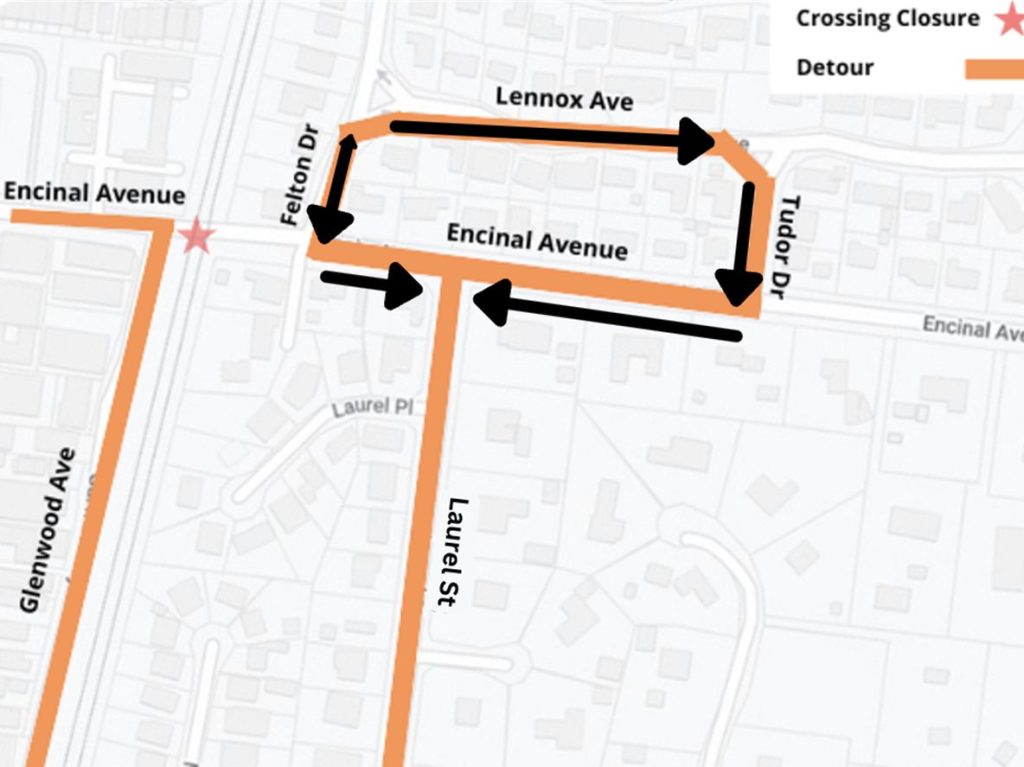 Closures at Encinal Avenue railroad crossing the next two weekends