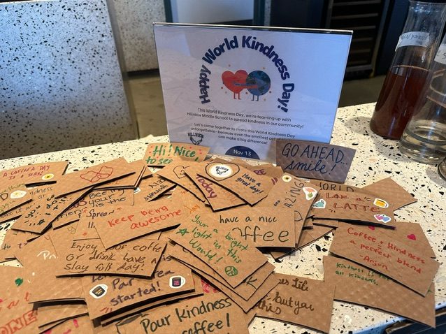 Coffee wrapped in kindness at CoffeeBar today thanks to Hillview students