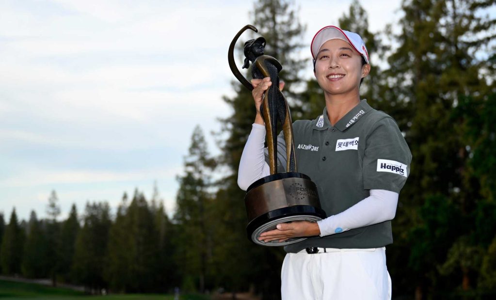 Spotted: Hyo Joo Kim holding winning golf trophy in Menlo Park