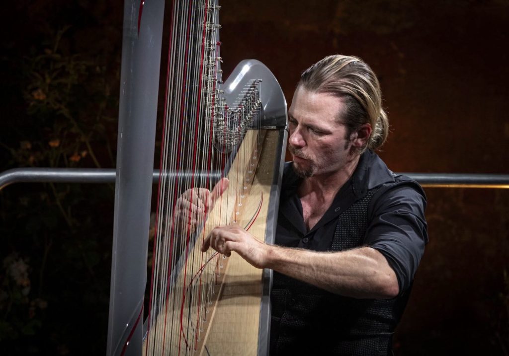 Harpist Alexander Boldachev performs in Menlo Park on September 27
