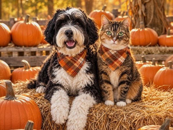 dog and cat in pumpkin patch